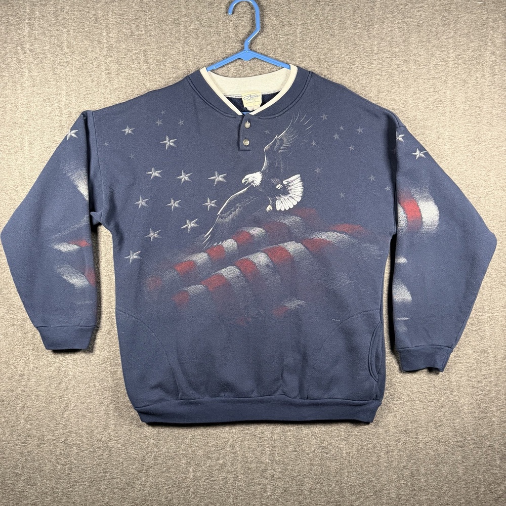 Vintage Artisans Sweatshirt Mens XL Blue Henley Eagle Flag We The People USA